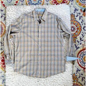 Tasso Elba Mens Shirts Lg 16-16.5 Blue Brown Button Up Plaid Contrast Cuff